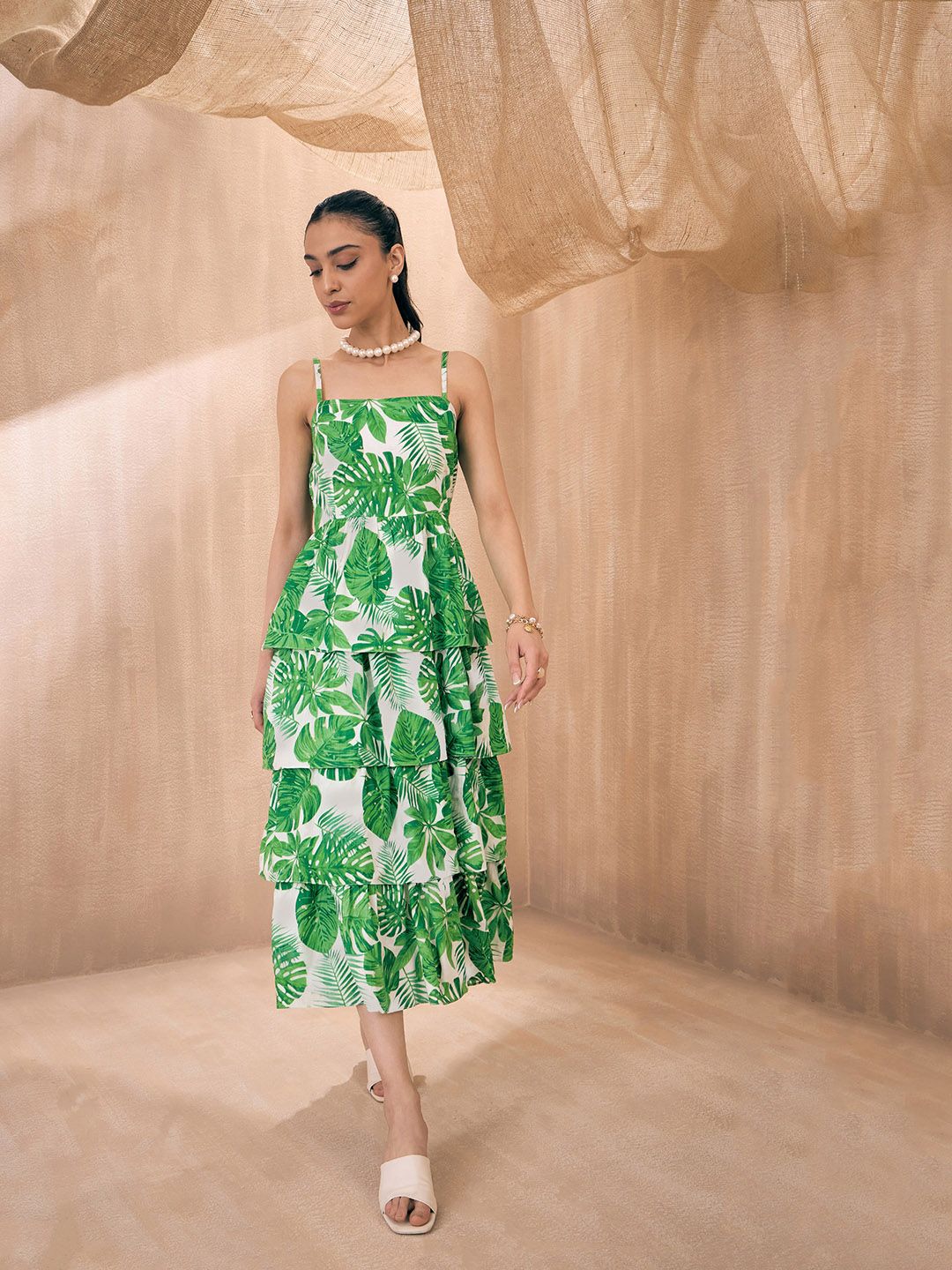 Pink Paprika by SASSAFRAS Floral Print Shoulder Straps Layered Fit & Flare Midi Dress