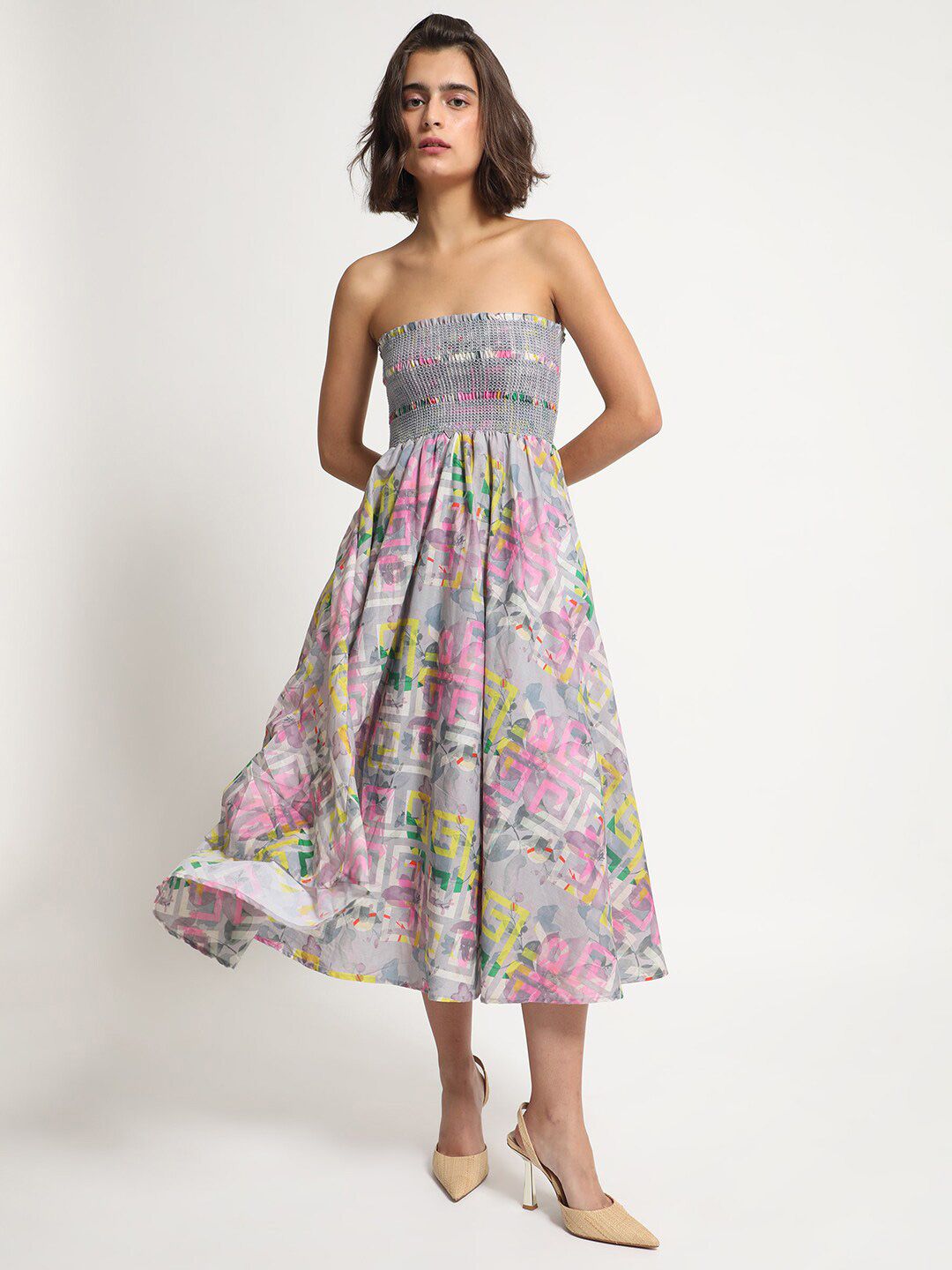 RAREISM Geo Floral Printed Off-Shoulder Fit & Flare Tube Midi Dress
