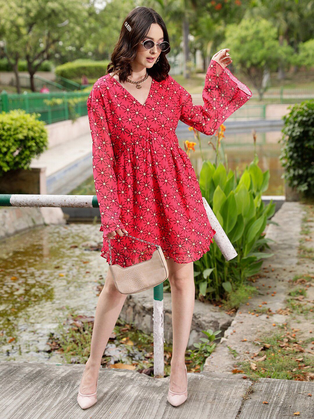 STREET 9 Fuchsia Floral Print Bell Sleeves Fit & Flare Mini Dress