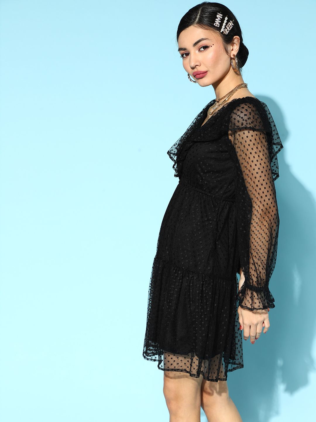 Athena Black Self Design Dobby Net A-Line Dress