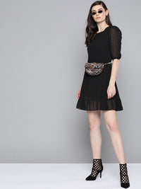 SASSAFRAS Black Self Design Dobby Weave A-Line Dress