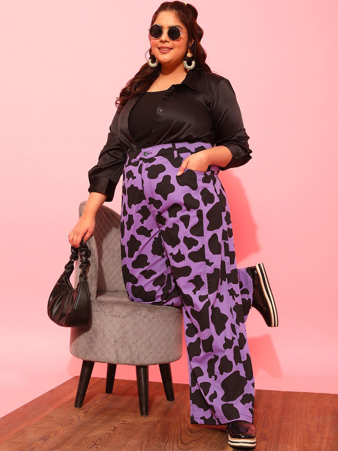 CURVY STREET Women Plus Size Lavender Printed Relaxed Straight Leg Pure Cotton Trousers