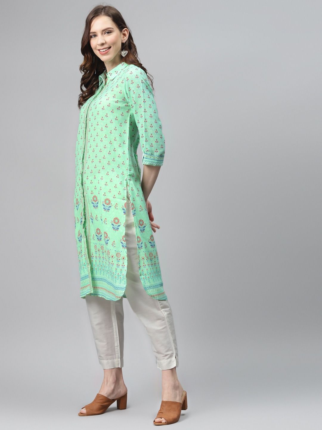 Global Desi Women Green & Red Printed A-Line Kurta