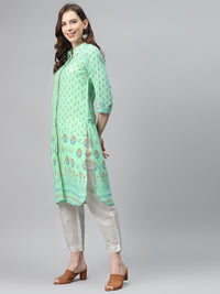 Global Desi Women Green & Red Printed A-Line Kurta