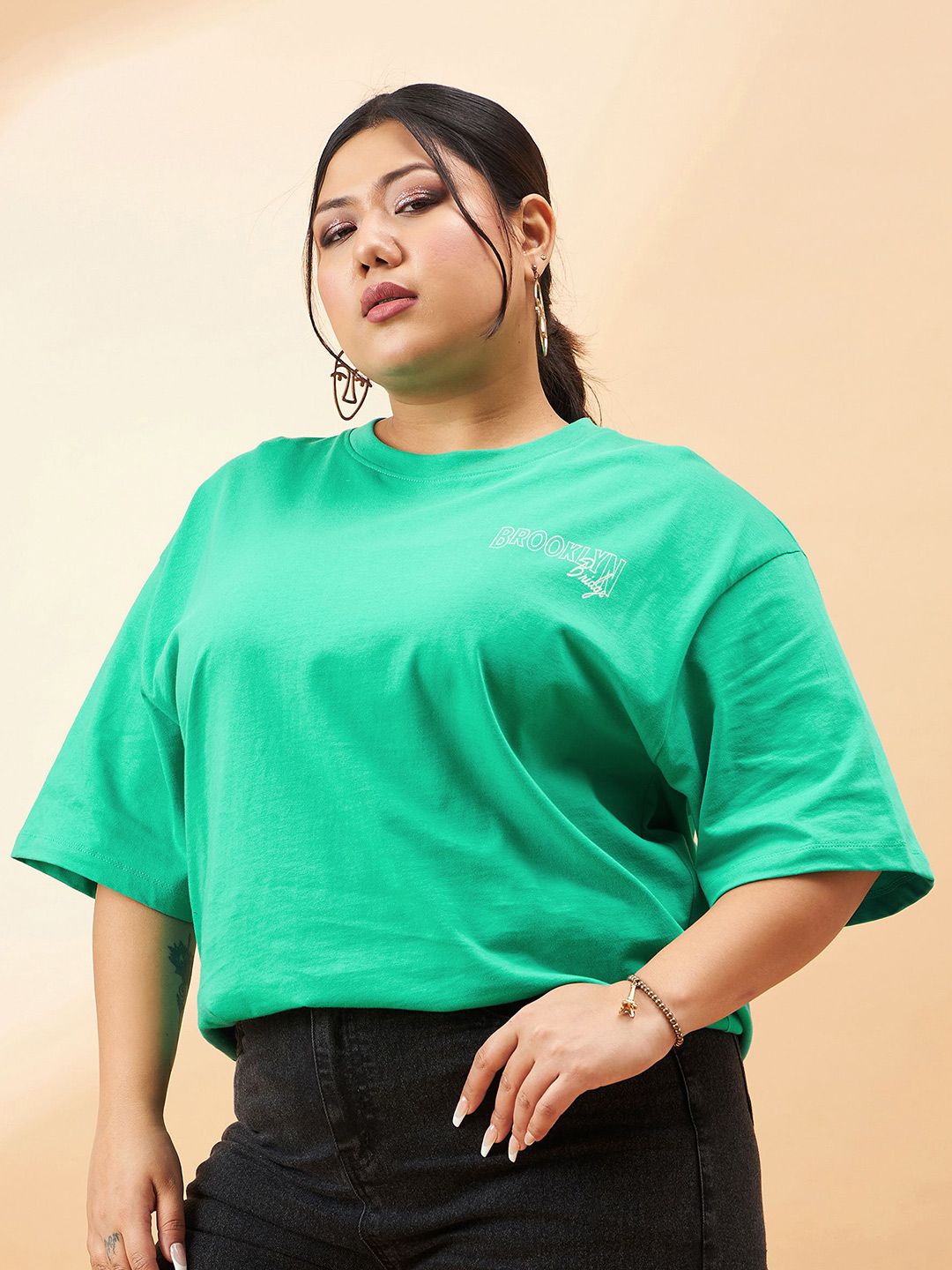 SASSAFRAS Curve Plus Size Typography Printed Pure Cotton Relaxed Fit T-shirt