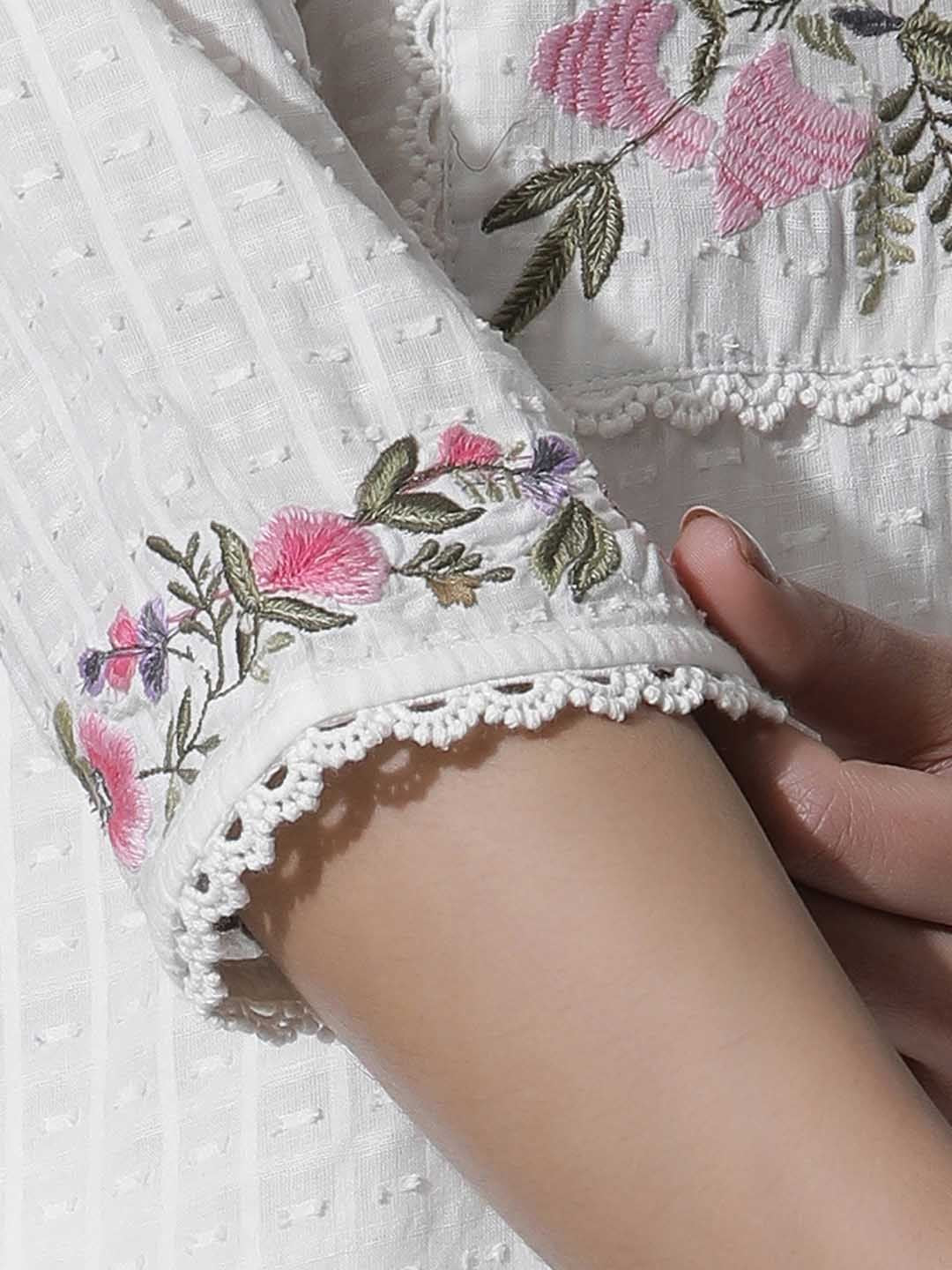 W Floral Yoke Design Thread Work Pure Cotton Straight Kurta