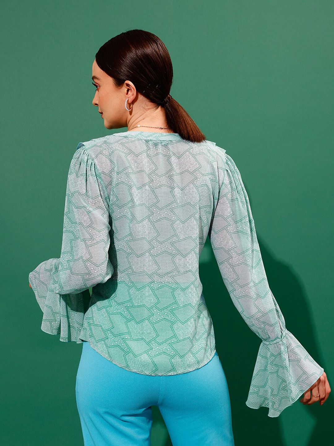 STREET 9 Ethnic Motifs Printed V Neck Ruffles Shirt Style Top