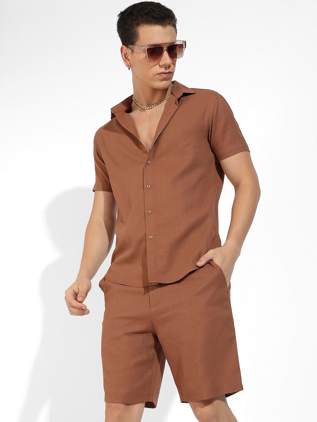 Campus Sutra Brown Textured Shirt & Shorts