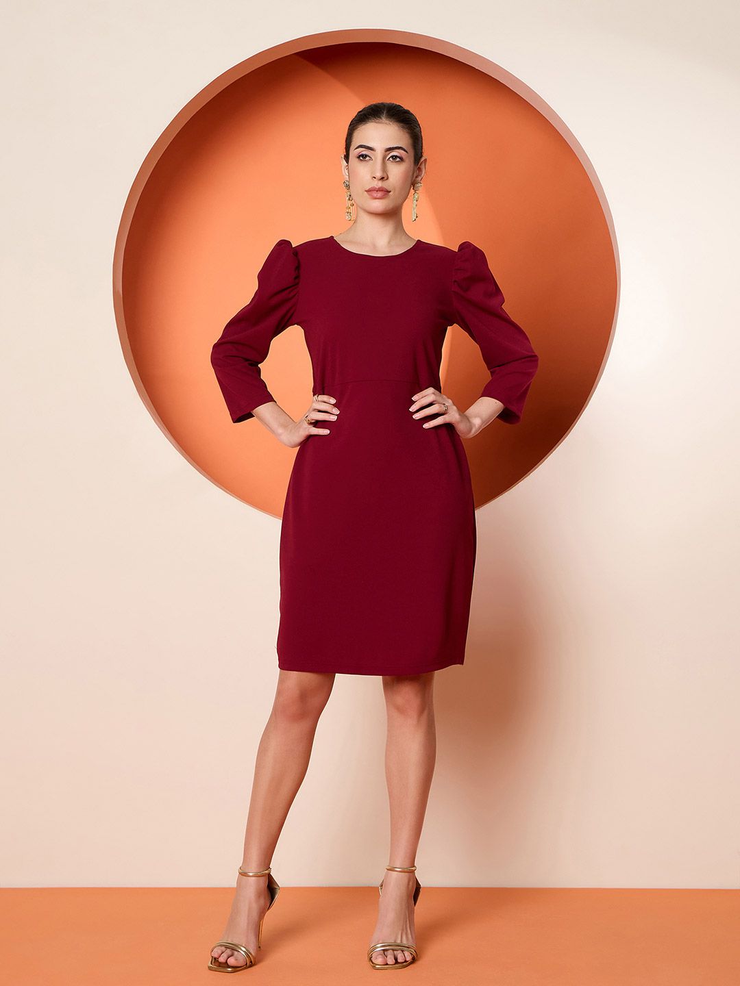 Antheaa Red Round Neck Puff Sleeves Sequinned A Line Dress