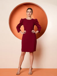 Antheaa Red Round Neck Puff Sleeves Sequinned A Line Dress
