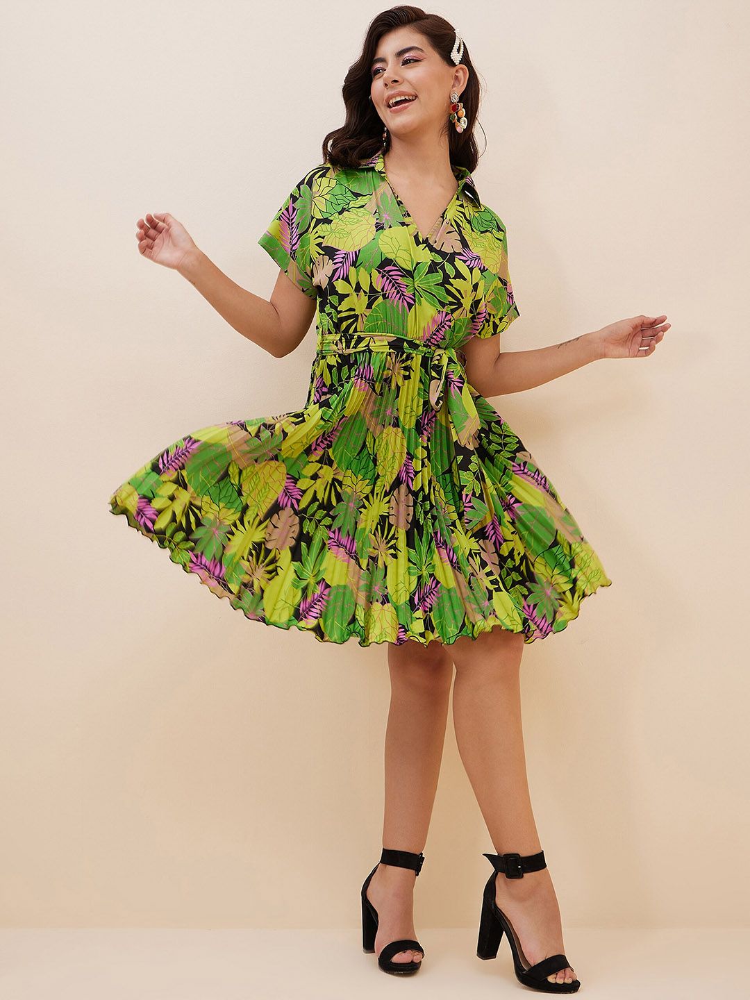 Antheaa Floral Print Crepe Fit & Flare Dress