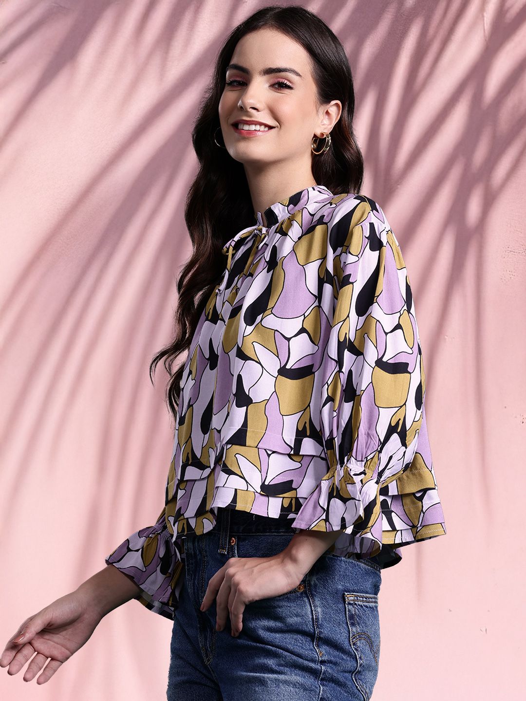 DressBerry Printed Tie-Up Neck Layered Top