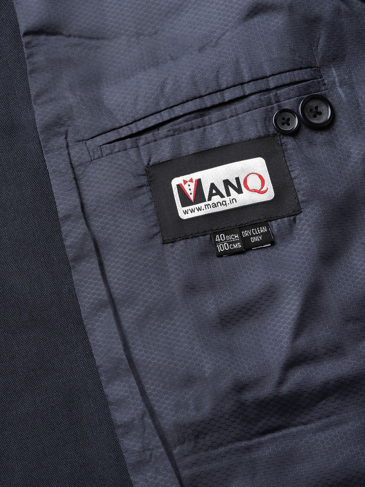 MANQ Men Navy Blue Slim Fit Solid Single Breasted Formal Blazer