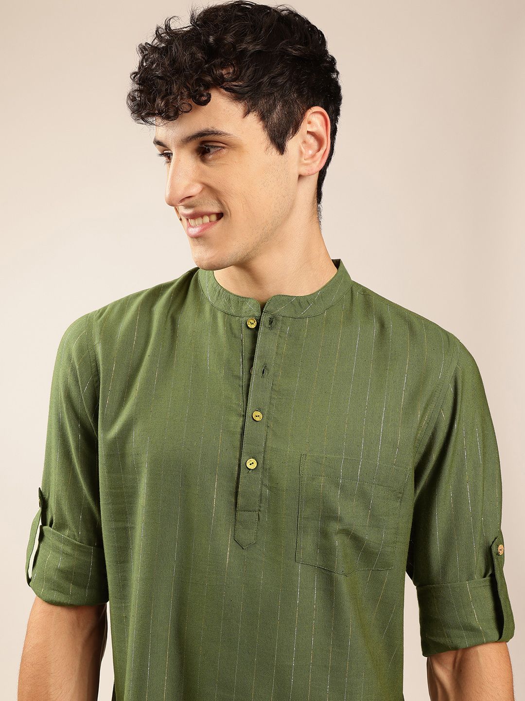 Anouk Green Striped Woven Design Mandarin Collar Roll-Up Sleeves Zari Pathani Short Kurta