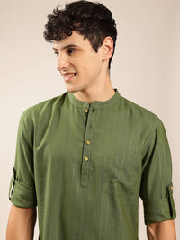 Anouk Green Striped Woven Design Mandarin Collar Roll-Up Sleeves Zari Pathani Short Kurta