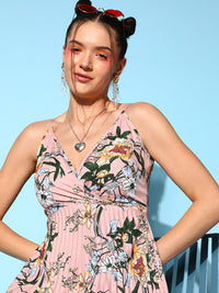 Berrylush Pink & Green Floral Crepe Midi Dress