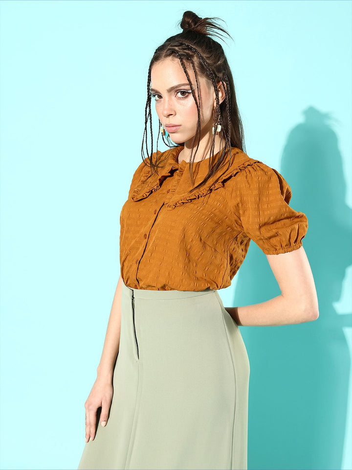 DressBerry Women Chic Brown Textured Statement Collar Shirt