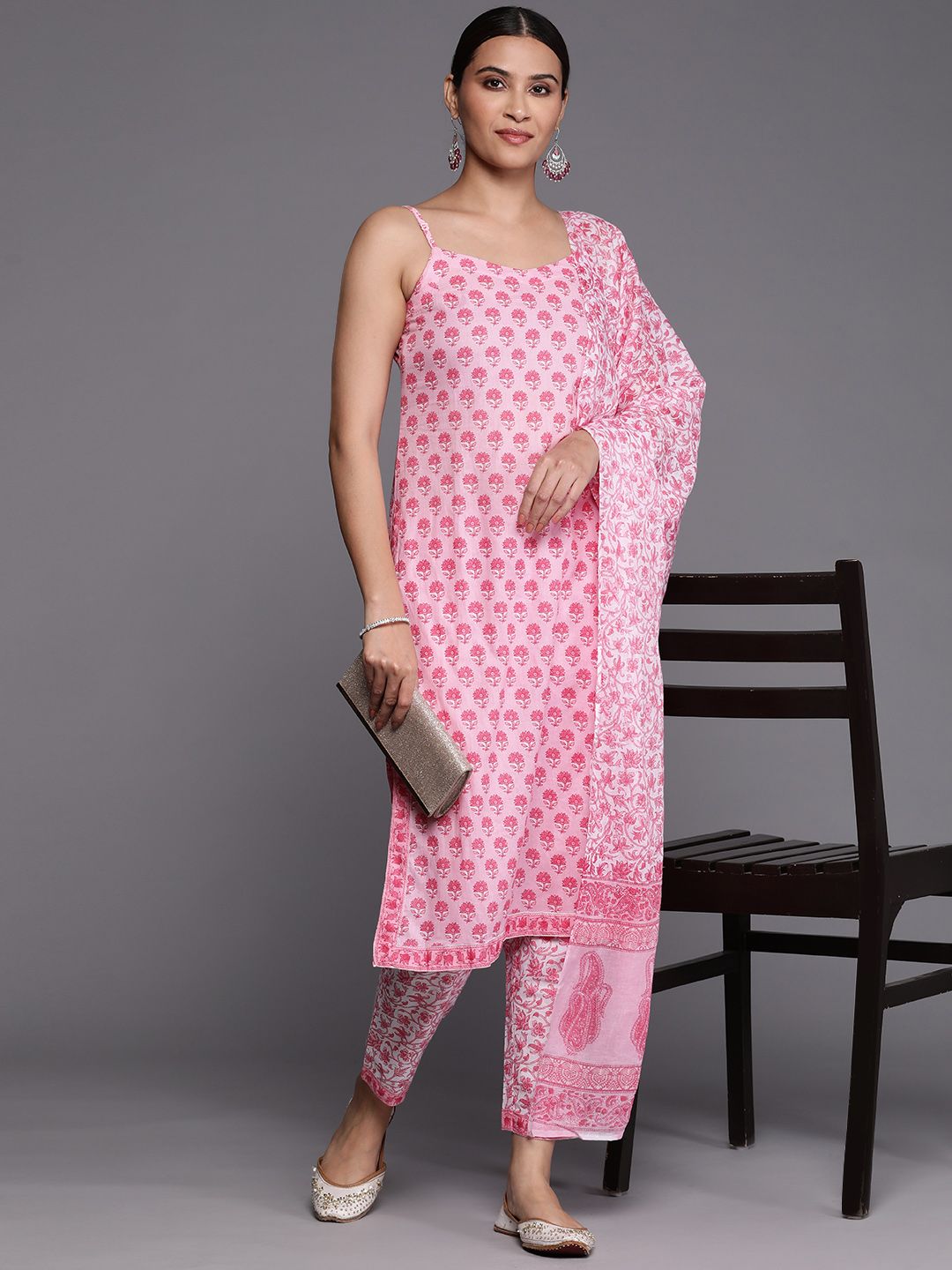 Libas Women Floral Printed Pure Cotton Kurta With Trousers & Dupatta