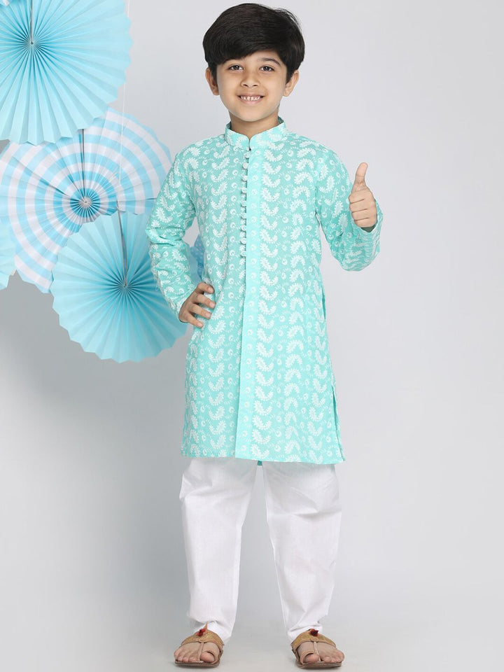 VASTRAMAY Boys Green Embroidered Regular Pure Cotton Kurta with Pyjamas