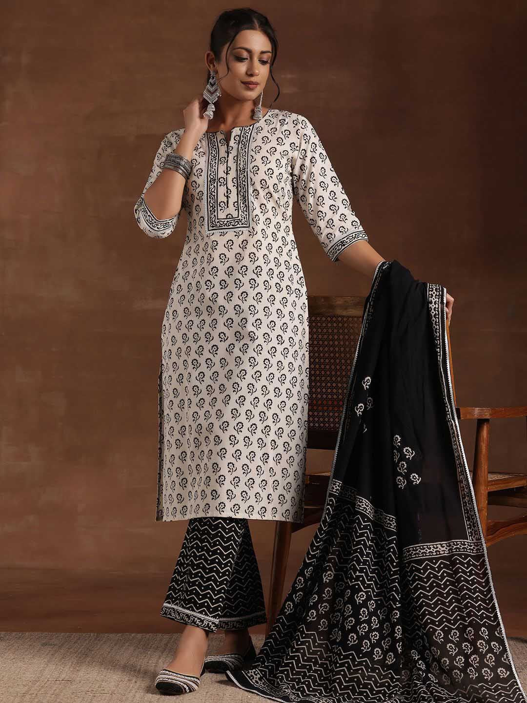 Libas Black & White Floral Printed Notch Neck Pure Cotton Kurta with Trousers & Dupatta