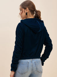 Antheaa Teal Blue Self Design Hooded Neck Long Sleeves Velvet Tailored Jacket