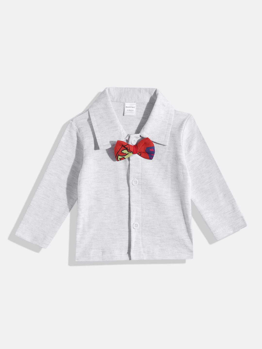 Moms Love Infant Boys Pure Cotton Superman Printed Dungarees with Solid Bow Tie Shirt