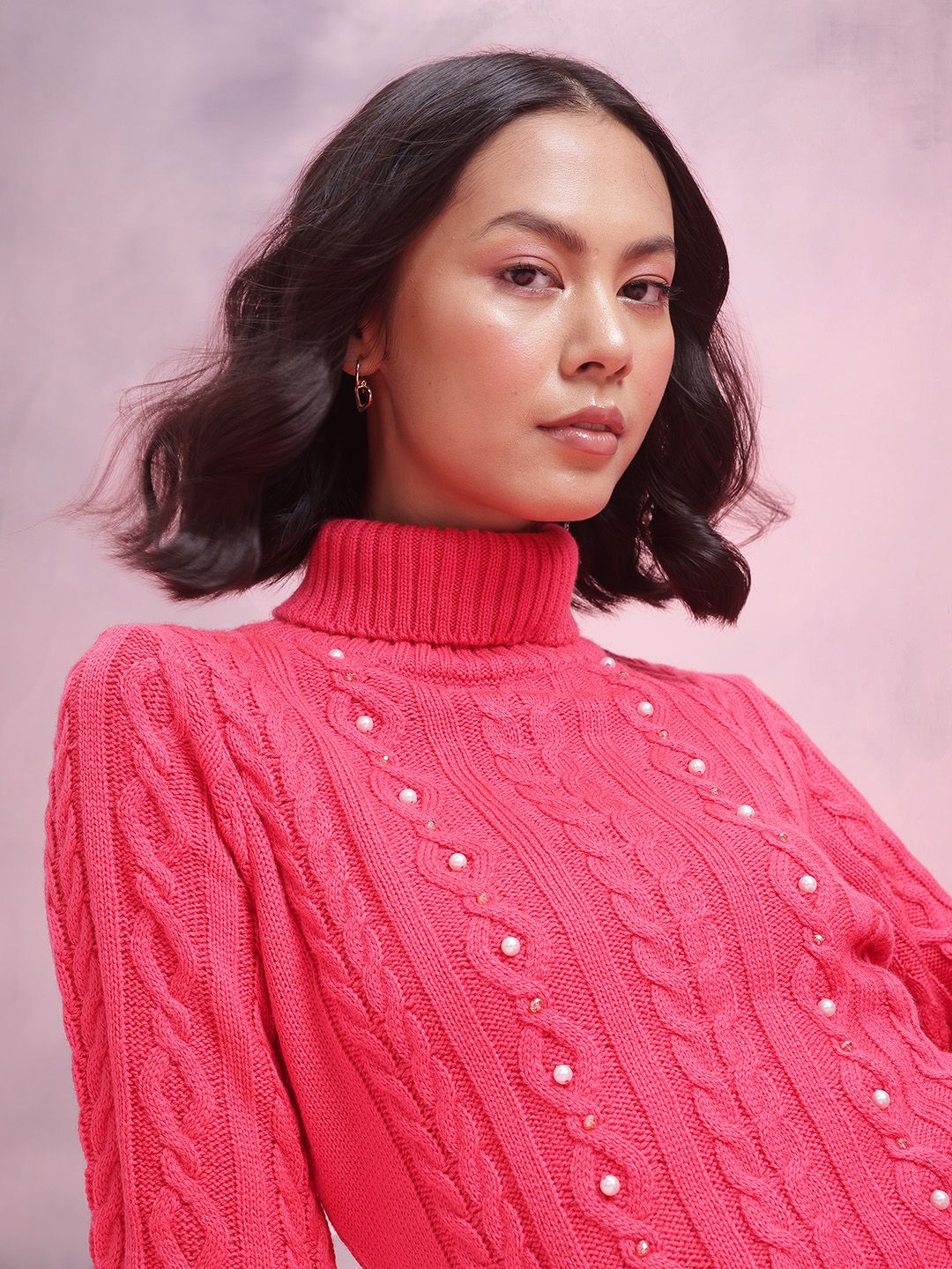 DressBerry Stone Embellished Cable Knit Acrylic Winter Dress