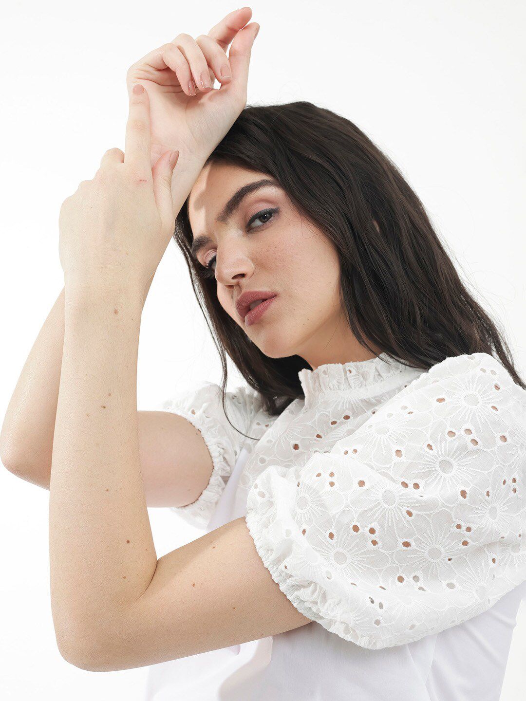 RAREISM Floral Embellished Puff Sleeve Cotton Top