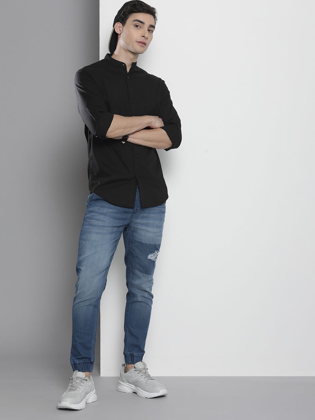 Baju kasual kapas hitam garaj India