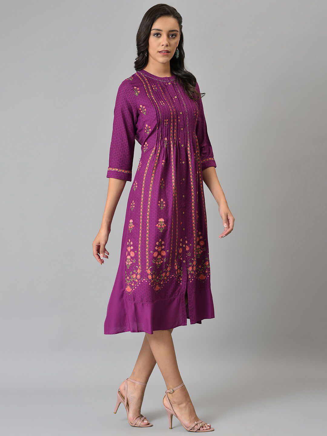 W Purple Ethnic Motifs Chiffon Ethnic A-Line Midi Dress