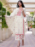 Libas Women Off White & Pink Cotton Floral Thread Work Kurta with Palazzos & Dupatta