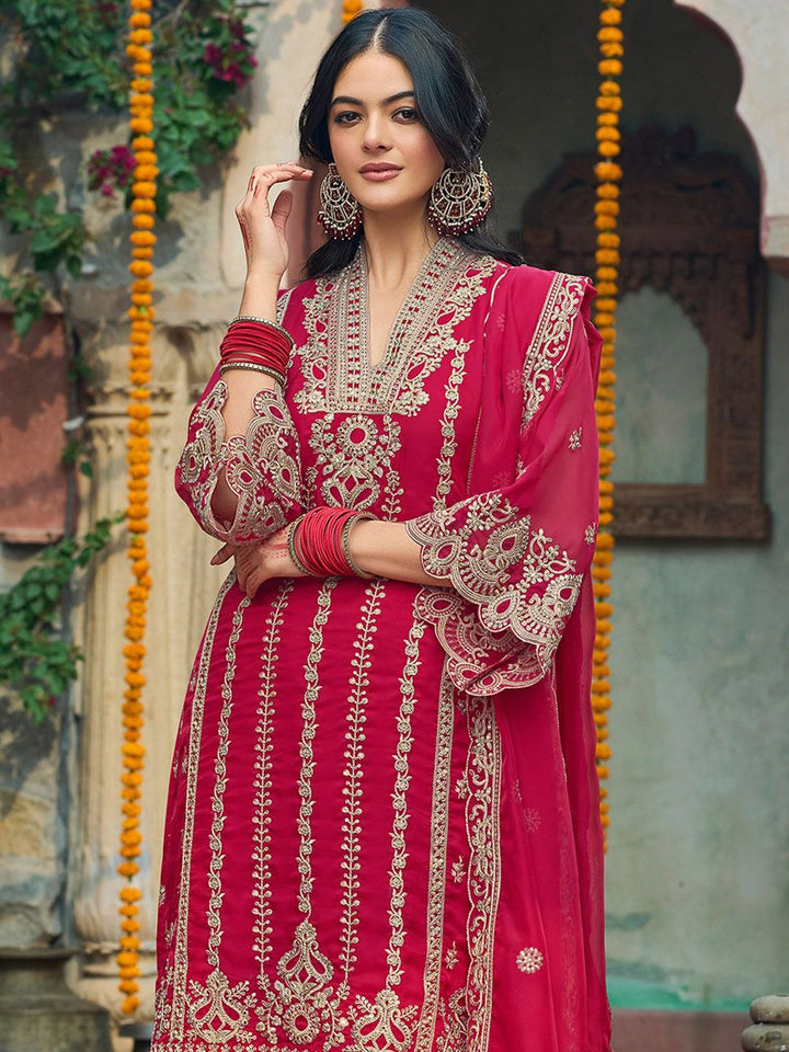 Indo Era Ethnic Motifs  Embroidered V-Neck Zari Organza Kurta With Trousers And Dupatta