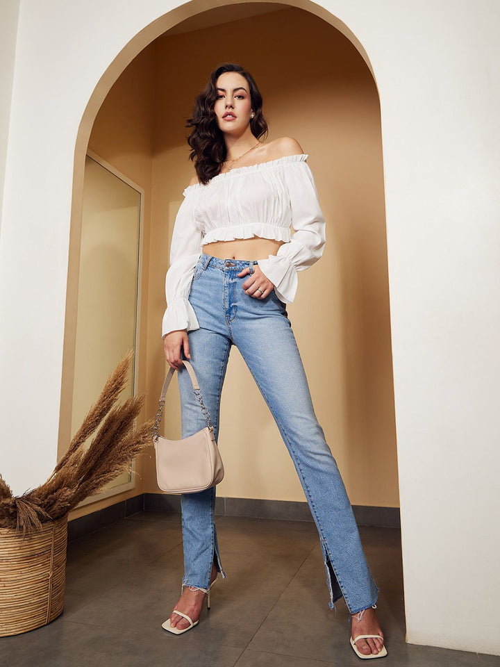 Berrylush White Off Shoulder Bell Sleeves Gathered Detail Crop Bardot Top