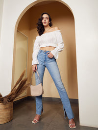 Berrylush White Off Shoulder Bell Sleeves Gathered Detail Crop Bardot Top