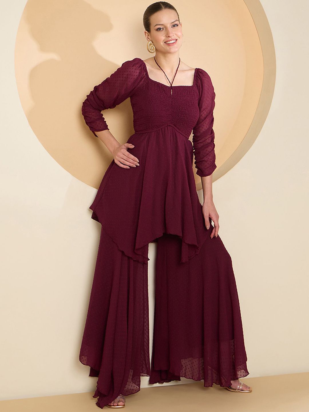 Antheaa Notch Neck Three-Quarter Sleeves Top With Palazzo