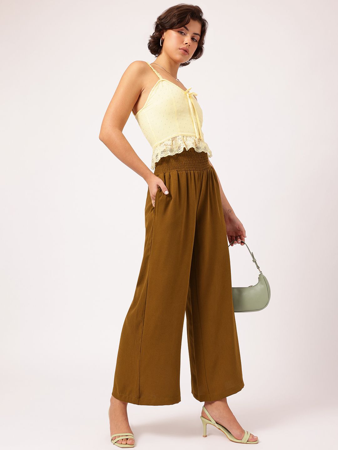 DressBerry Women Urban Blend Smocked Flared Fit Trousers