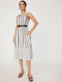 The Label Life Striped  V-Neck Tie-Ups Cotton A-Line Midi Dress