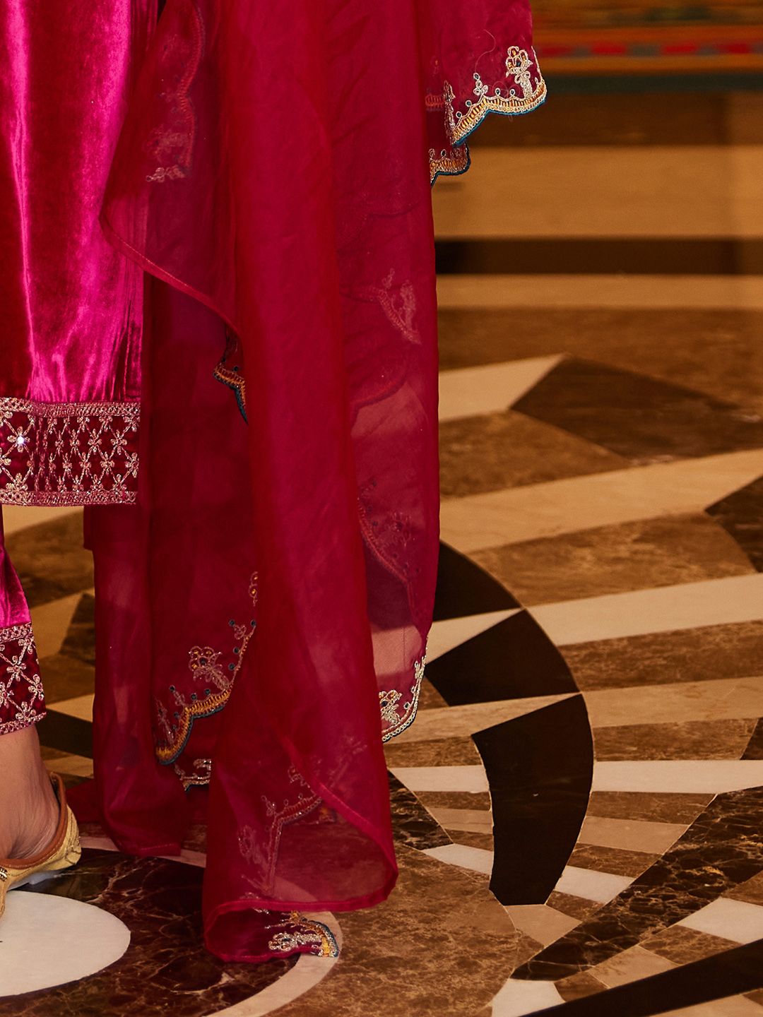 Indo Era Women Ethnic Motifs Embroidered Regular Velvet Kurta with Trousers & With Dupatta