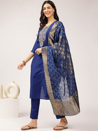 Anouk Blue Floral Embroidered Straight Kurta with Trousers & Dupatta