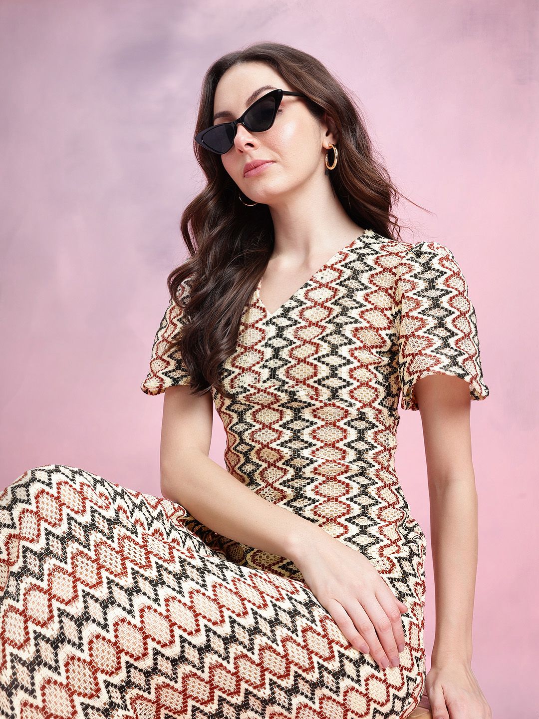 DressBerry Flared Sleeve Crochet A-Line Midi Dress