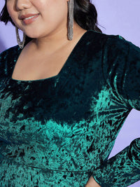 SASSAFRAS Curve Green Plus Size Square Neck Long Sleeves Velvet A-Line Dress