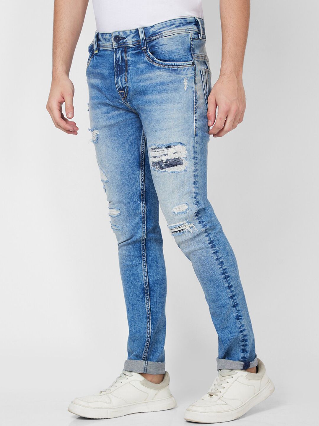 SPYKAR Men Skinny Fit Low-Rise Highly Distressed Heavy Fade Stretchable Cotton Jeans