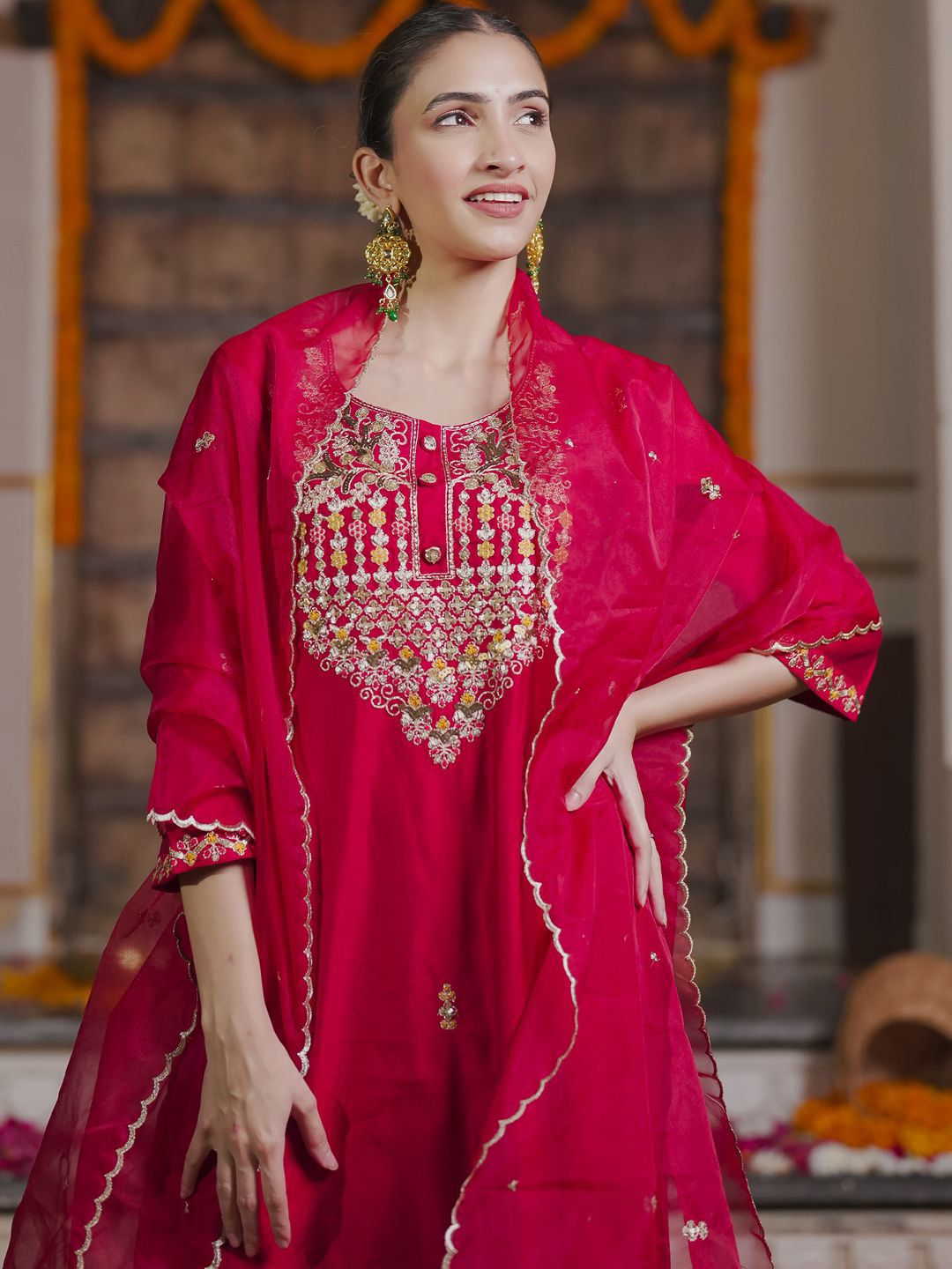 Indo Era Embroidered Sequinned Straight Kurta With Trousers & Dupatta