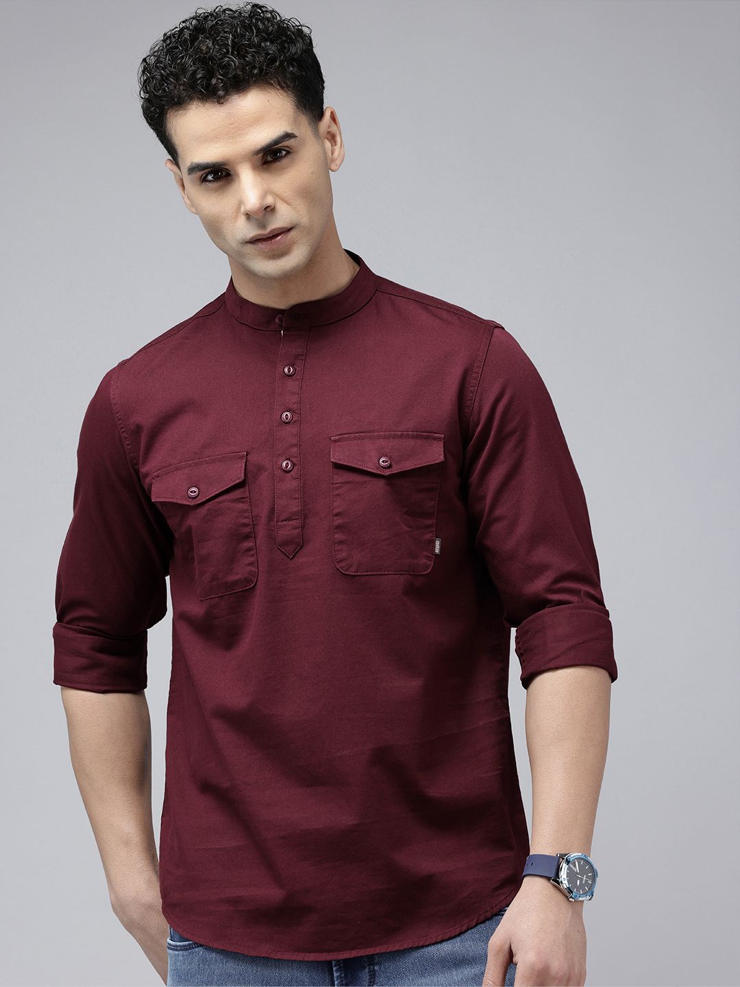 SPYKAR Slim Fit Band Collar Pure Cotton Casual Shirt