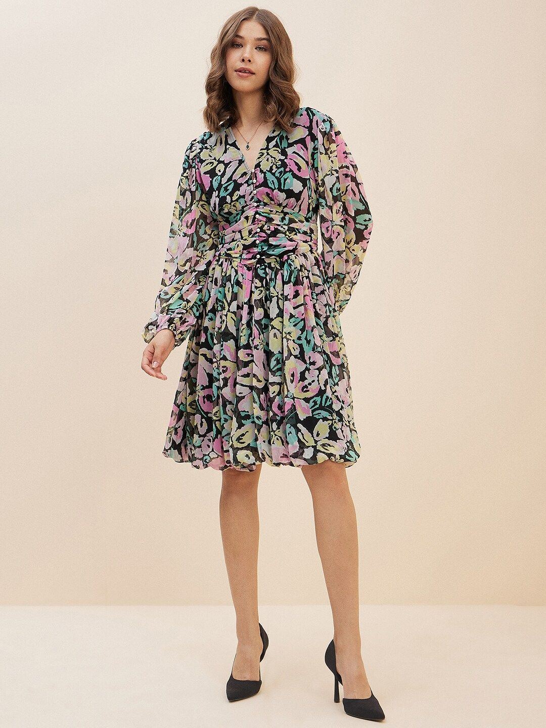 Antheaa Multicoloured Floral Print Chiffon Fit & Flare Dress