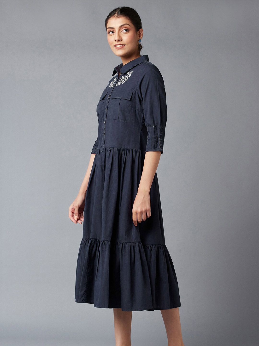 W Women Blue & White Embroidered A-Line Midi Dress