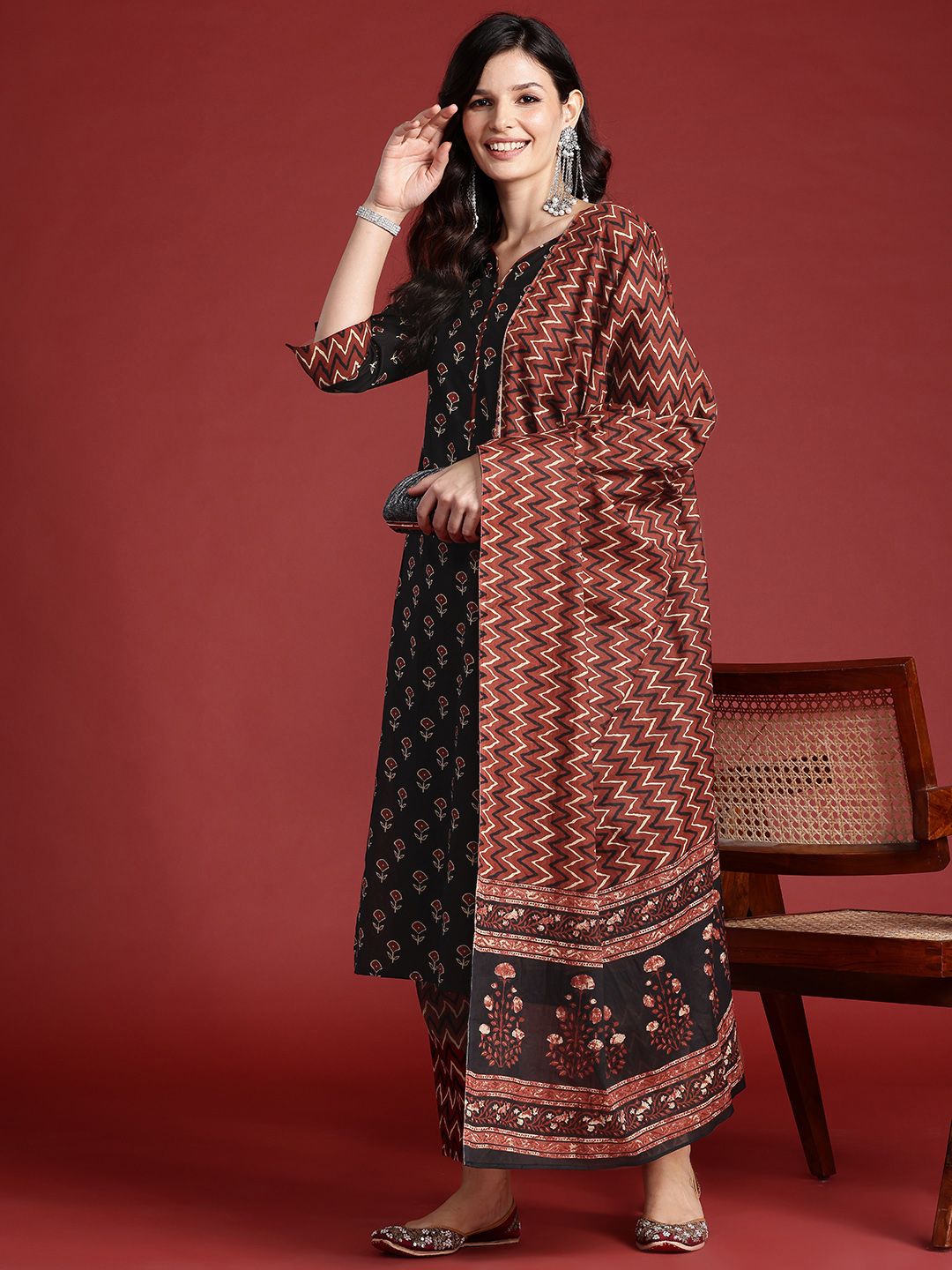 Indo Era Ethnic Motifs Printed Pure Cotton Kurta With Trousers & Dupatta