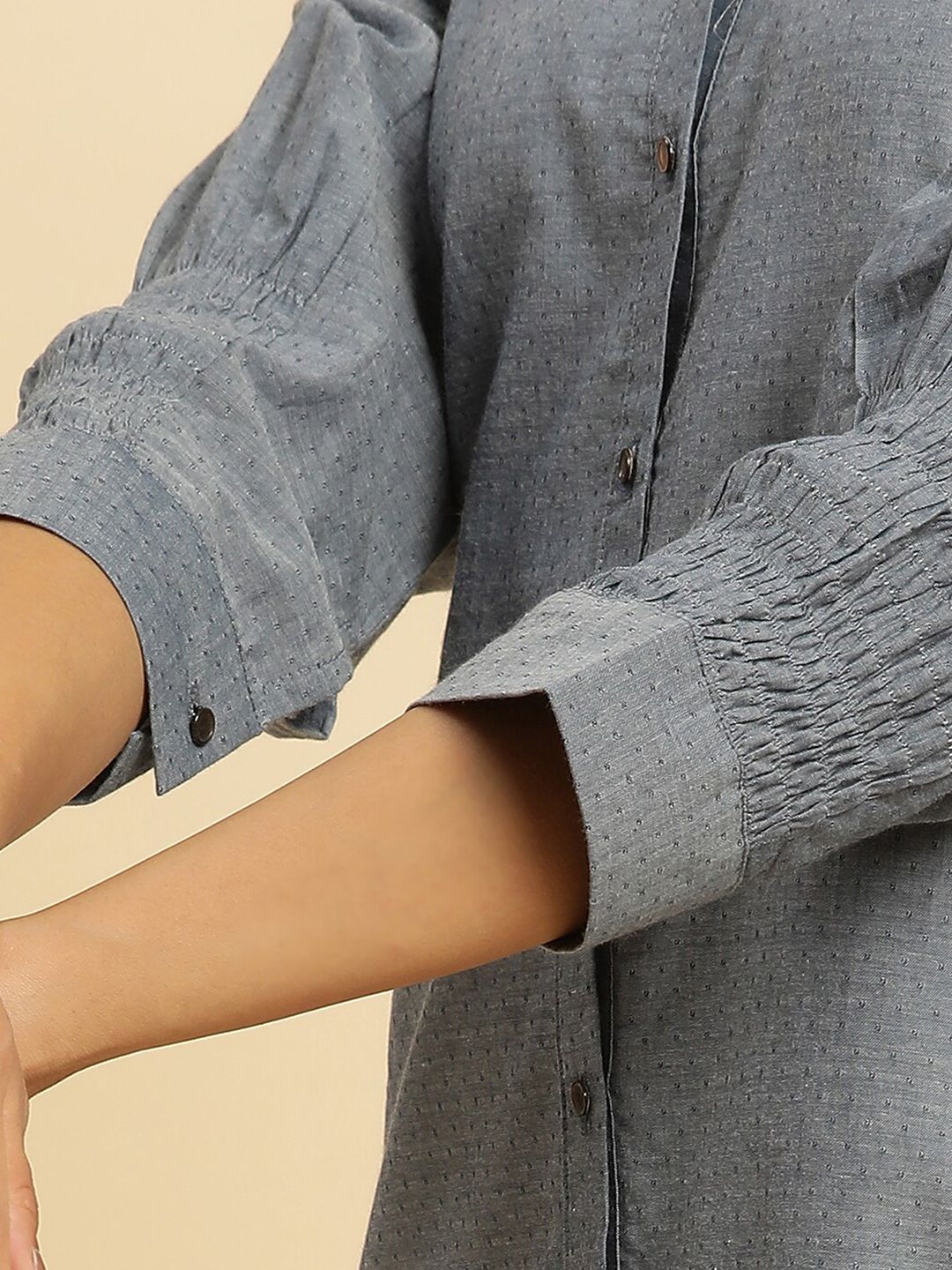 W Grey Floral Woven Design Mandarin Collar Pure Cotton A-Line kurta