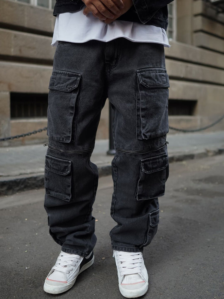 Powerlook Men Black Baggy Fit Clean Look Pure Cotton Cargo Jeans