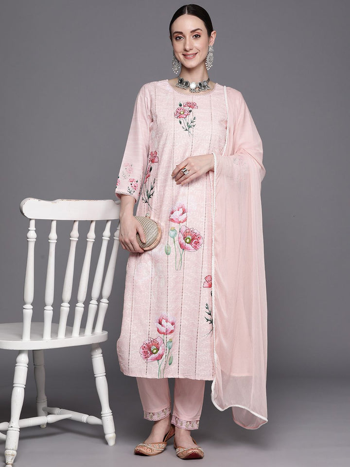Indo Era Floral Embroidered Regular Thread Work Pure Cotton Kurta With Trousers & Dupatta